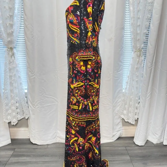Alice and Olivia Beaded Sequin Embroidered Gown Dress Black Multicolor Size 8